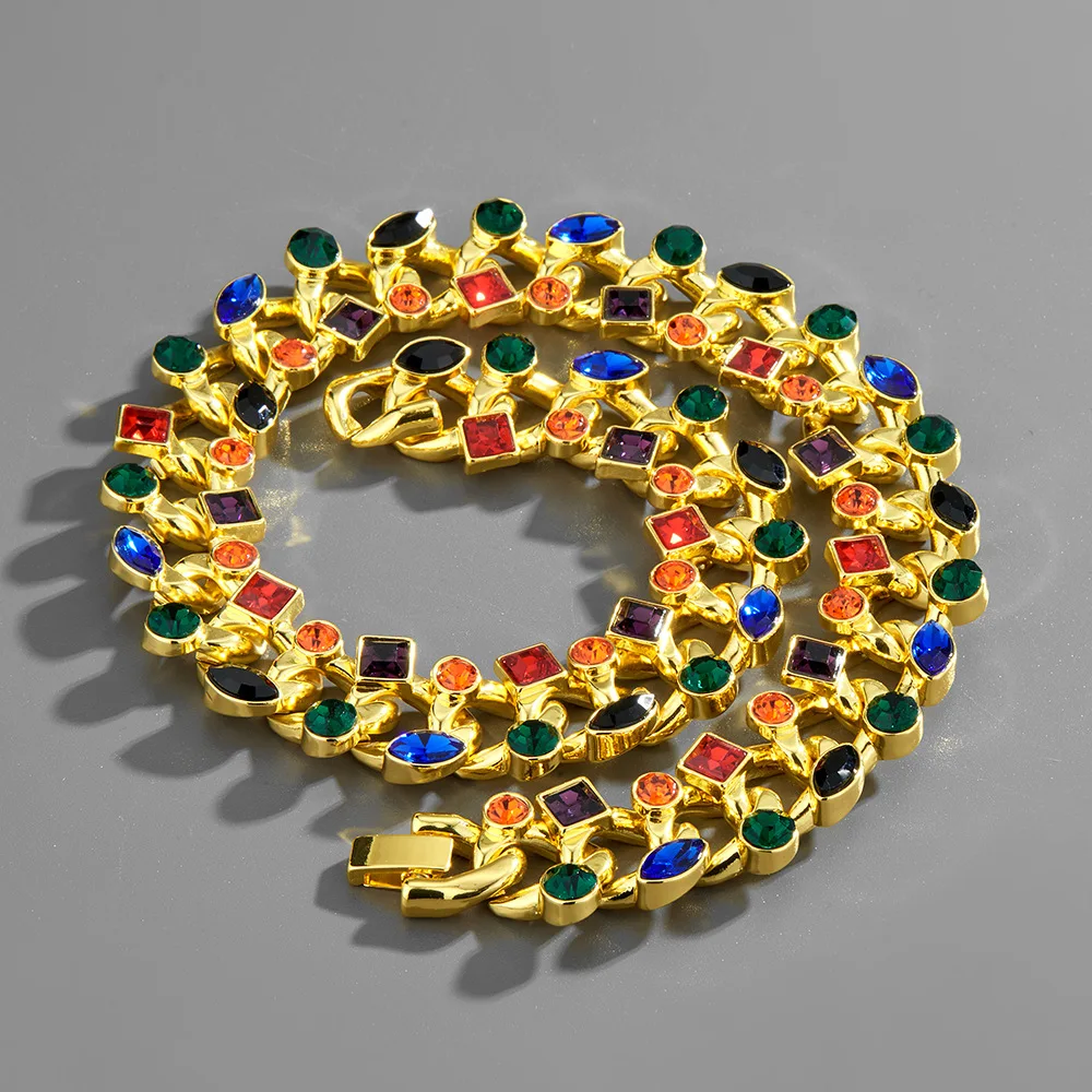 

Best Lady 2022 New Alloy Rhinestone Geometric Cuban Chain Gold Mixed Color Thick Chain Metal Hip Hop Necklace Jewelry
