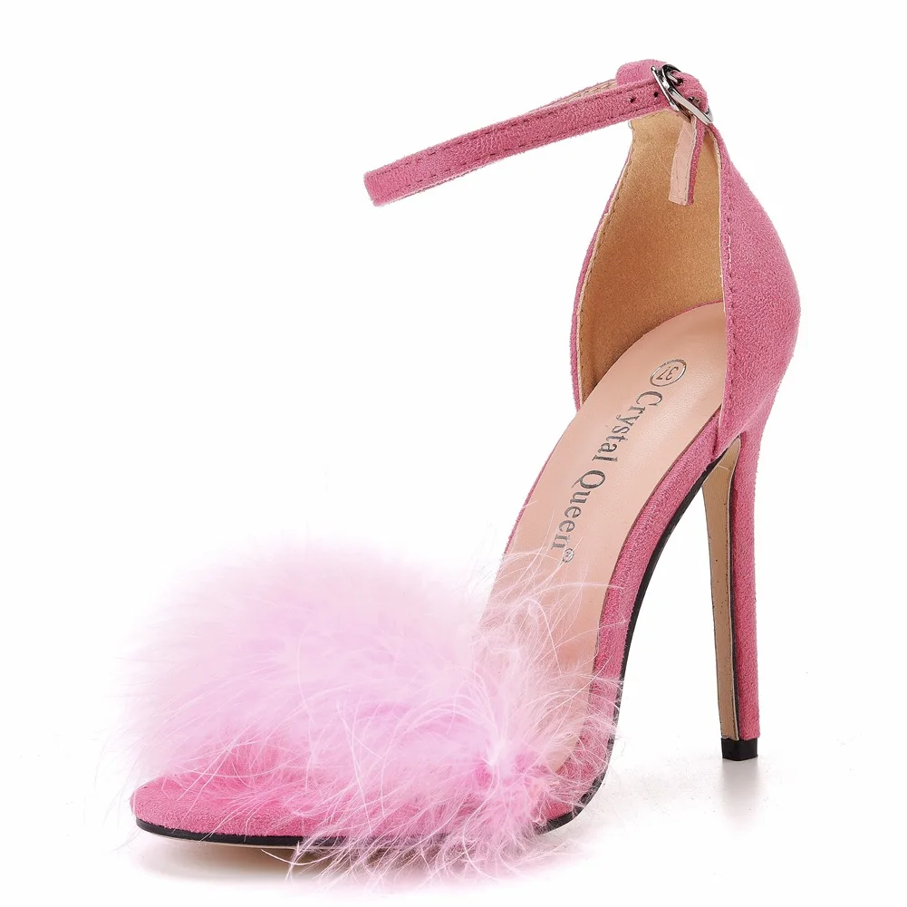 Women Summer Sandals Fluffy Peep Toe Stilettos High Heels Fur Feather Lady Wedding Shoes Large Size 42