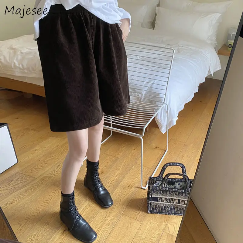 

Shorts Women Corduroy Solid Pockets Elastic Waist Autumn Winter Thicker Casual Straight All-match Street Wear Classy Female Chic