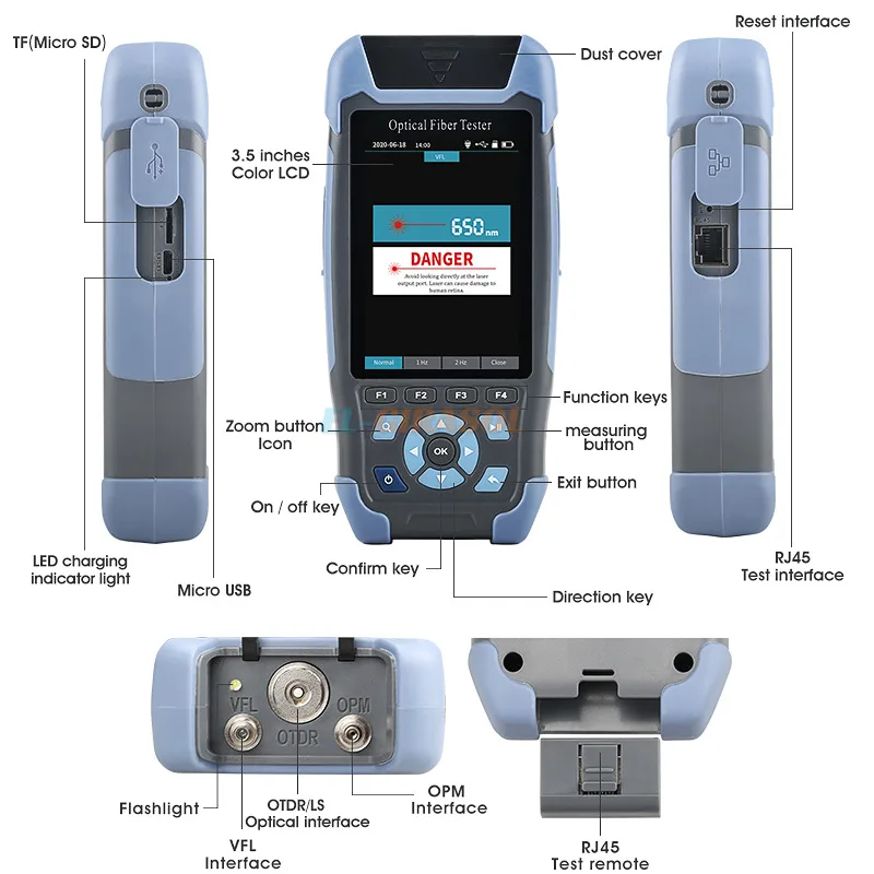Оптический рефлектометр Pro Mini OTDR с 9 функциями VFL OLS OPM Карта событий 22/24 дБ для