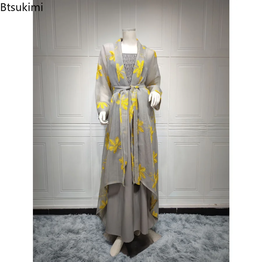 2023 Women Abaya Embroidery Chic and Elegant Woman Dress Mesh Cardigan Belted Kaftan and Solid Gray Camisole Dress Muslim Sets
