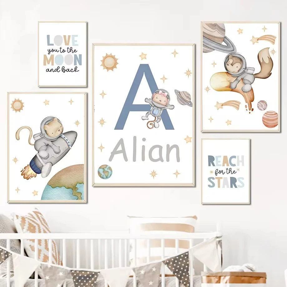 Кролик собака кошка лиса медведь космос ракета планета солнце земля настенная