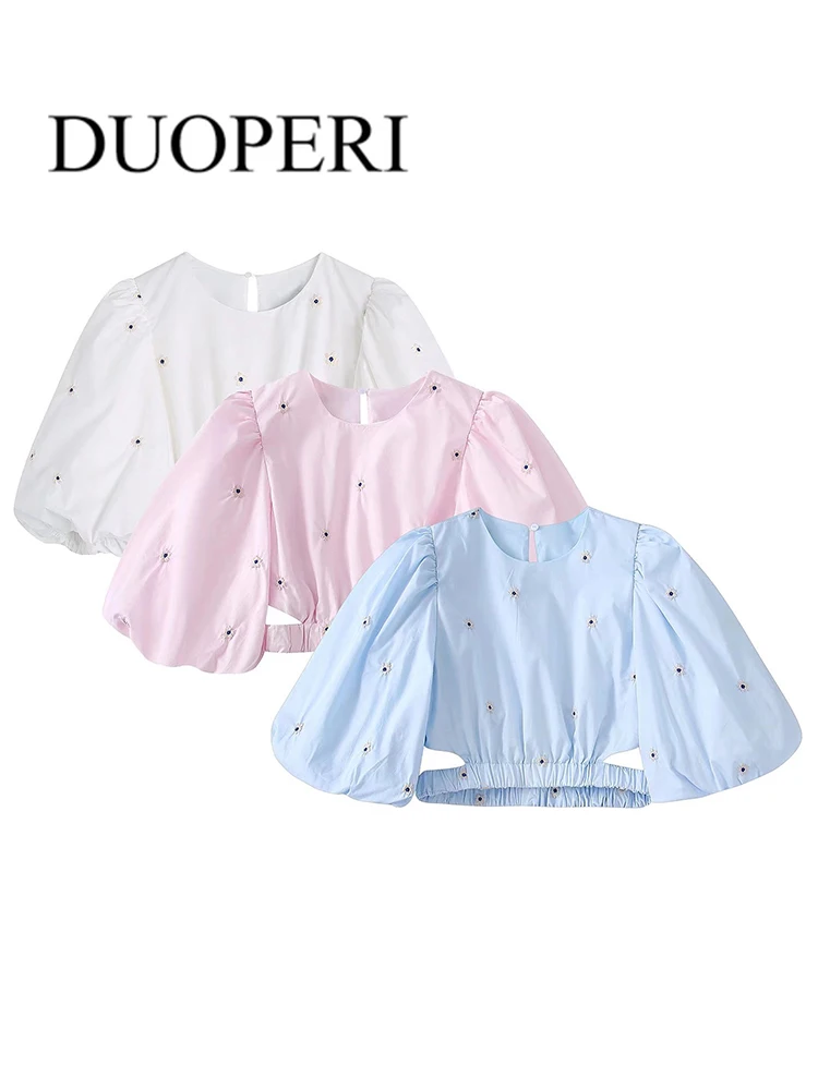 

DUOPERI Женская мода Поплин вышивка укороченная блузка с пышными рукавами женские шикарные женские винтажные рубашки наряды