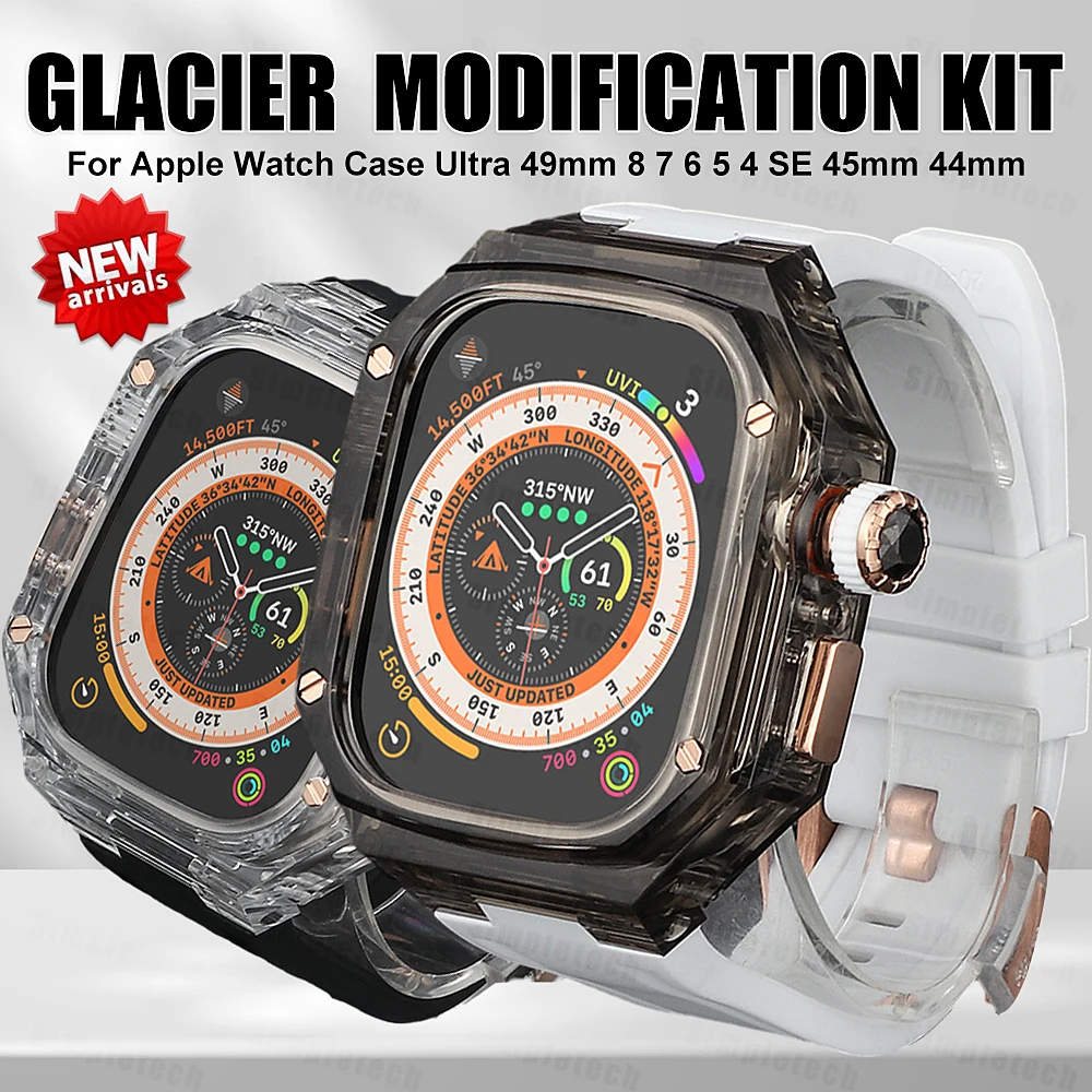 

Ultra Glacier Modification Kit For Apple Watch 49mm Transparent Case & Band For iWatch 8 7 6 5 4 Se 44mm 45mm Rubber Strap