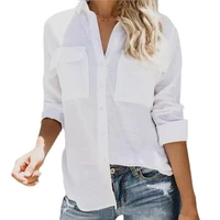 button blouse women v neck shirts turn down neck long sleeve blouses roll up cuffed sleeve casual work plain tops with pockets
