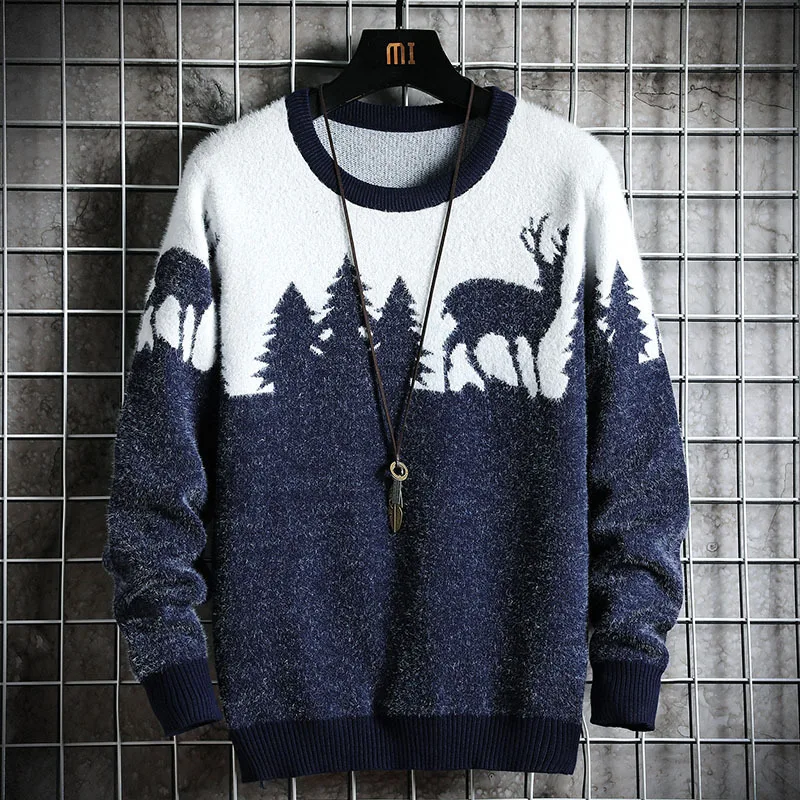 

Autumn Winter Christmas Sweater Men Pullovers Deer Print Knitted Sweaters Unisex Man Woman Funny Christmas Sweater
