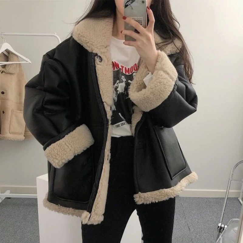 

Ailegogo Autumn Winter Women Streetwear Faux Leather Lamb Short Fur Jacket Single Breasted Pocket Thick Warm Coat Outwear