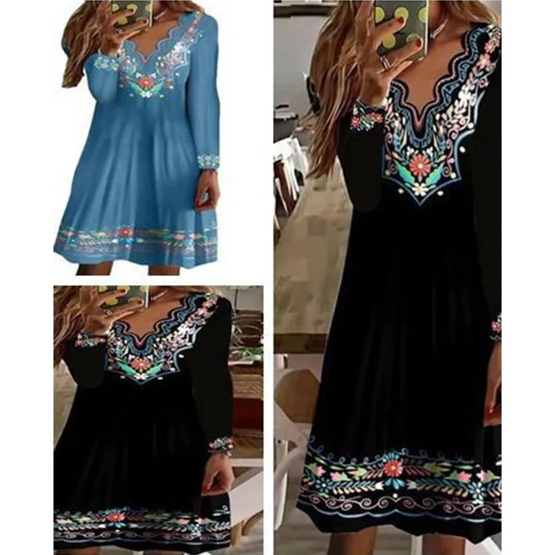 

2023 Autumn New Fashion Women's Dress Wave V-neck Print Flower Femme Casual Loose Long-sleeved Mini Dress Street Wear Commute