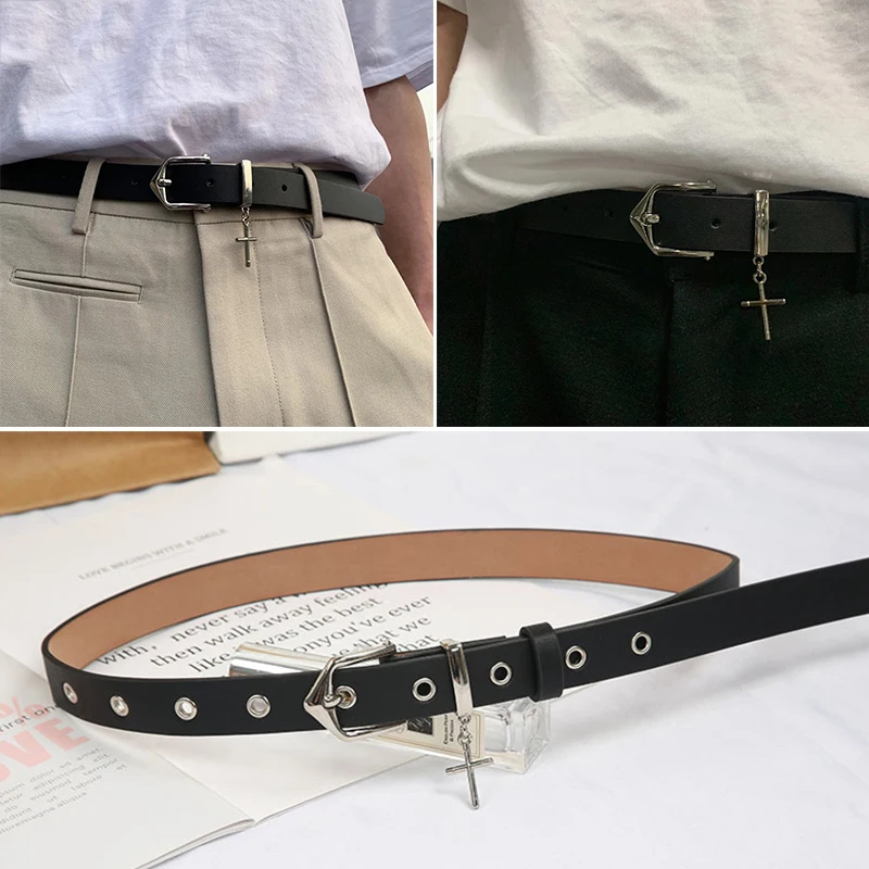 

Cross Pendant Jean Pants Belt Dress Decorative Waistbands Black Thin Waist Belt PU Leather Waist Strap Metal Pin Buckle 1PCS