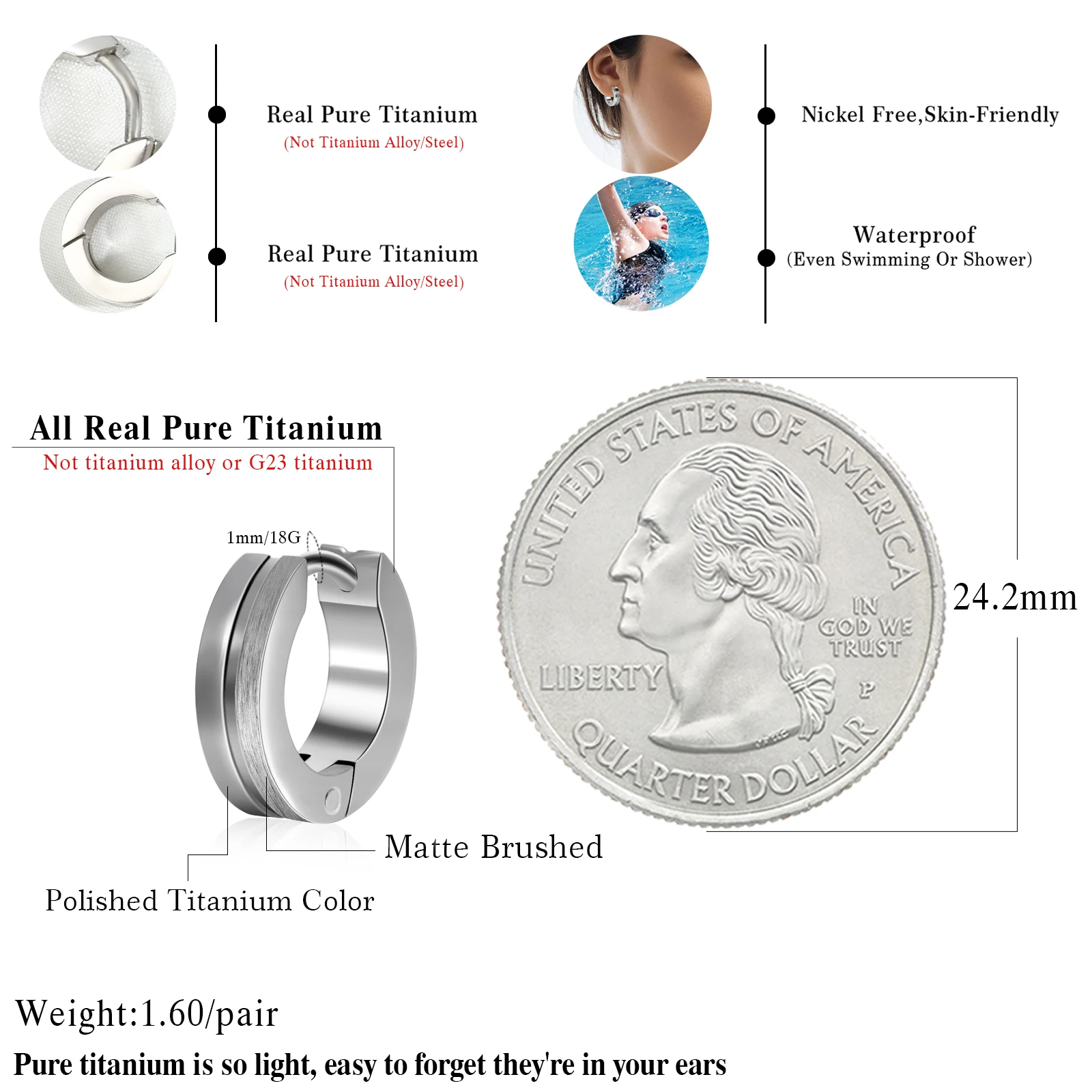 TGNEL Серьги-кольца из чистого титана без никеля полуматовые и полуполированные