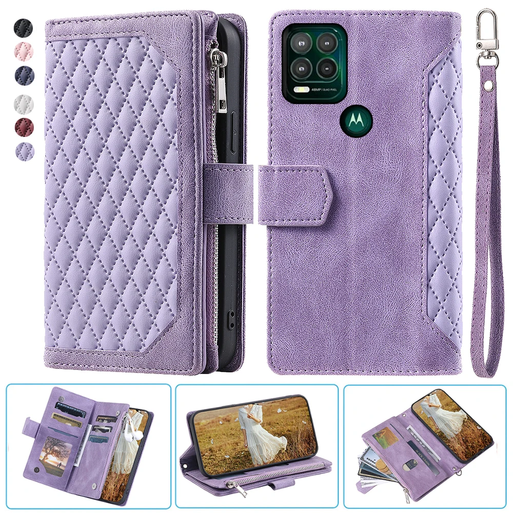 

For Moto G Stylus 5G Fashion Small Fragrance Zipper Wallet Leather Case Flip Cover Multi Card Slots Cover Folio with Wrist Strap