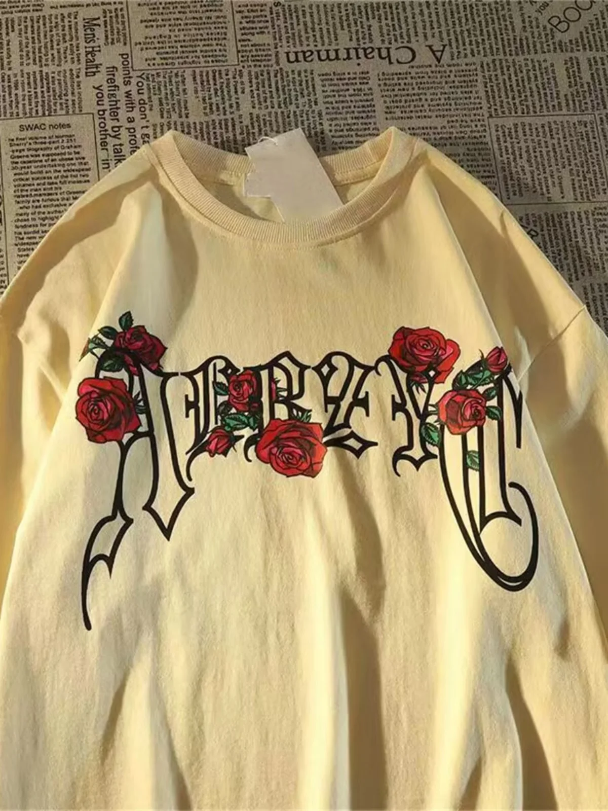 00% Cotton American Fashion Brand Oversize Rose Print Short sleeve T-shirt Loose Casual Ins Couple Men's Top