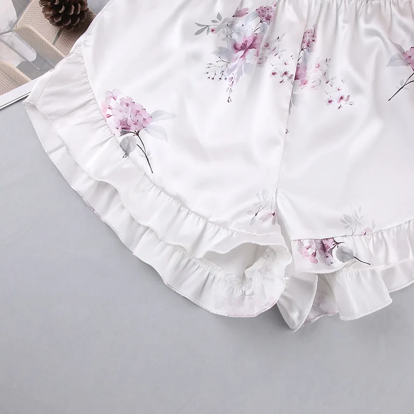 2pcs Pajamas Suit Nightwear Sleeveless Shirt Shorts Nightwear Ice Silk Homewear Summer Casual Printing Flowers Home Clothing