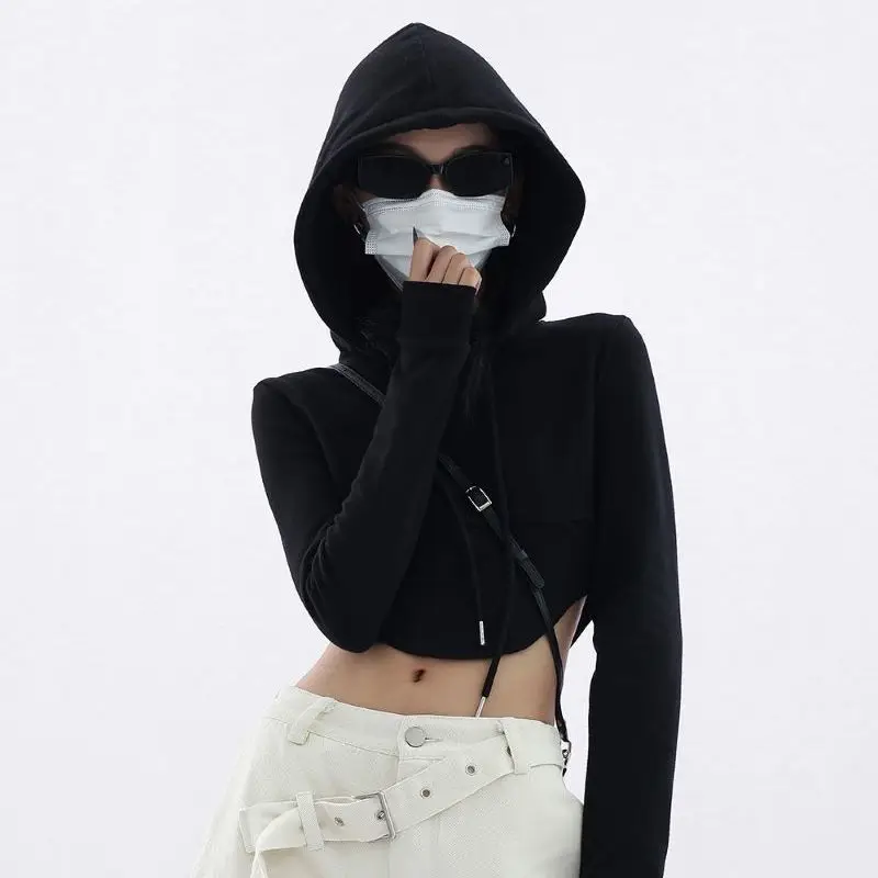 

Deeptown Black Hoodies Sexy Crop Top Korean Streetwear Y2k 2000s Harajuku Gothic Female Super-short Sweatshirt Kpop Fashion Chic