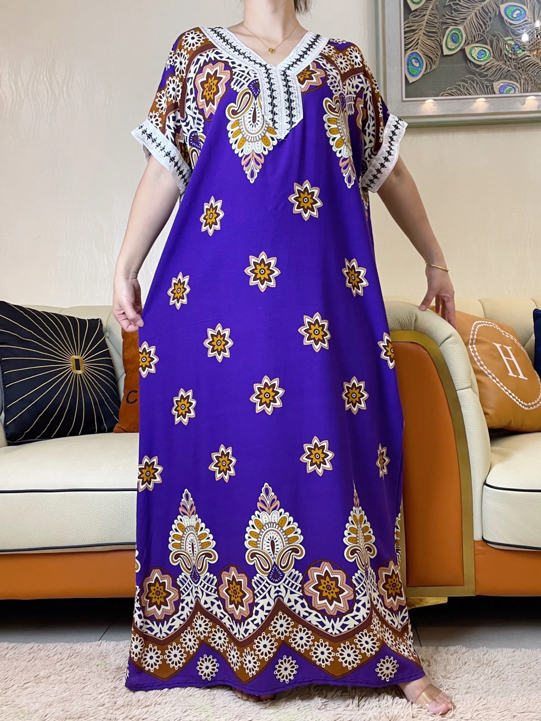 2023 New African Cotton Abaya Colorful Print Floral Short Sleeve Loose Style Dashiki Dubai V Neck Stripe Long Lady Dresses