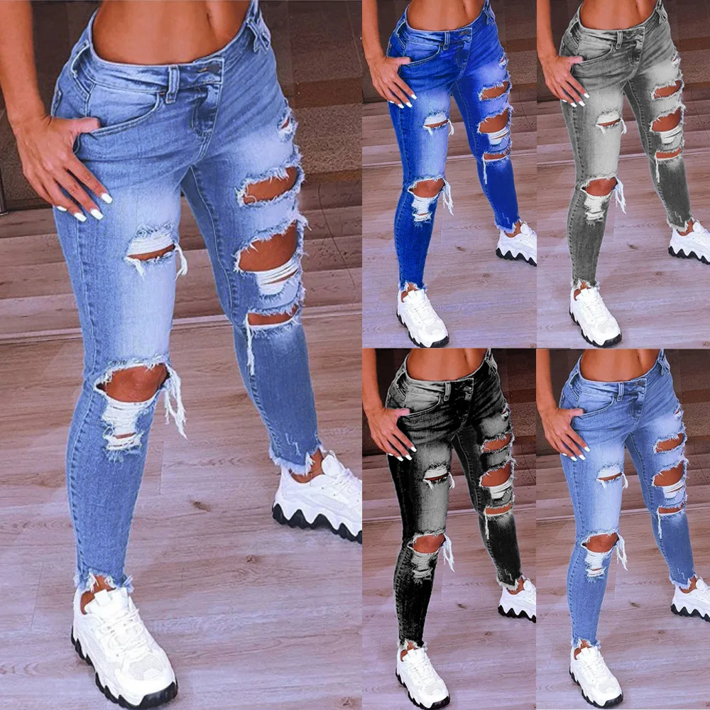 

2022 new low rise jeans with holes and stretch jeans