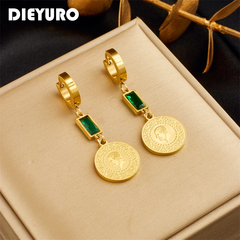 

DIEYURO 316L Stainless Steel Gold Color Round Portrait Earrings For Women Girl New Green Zircon Ear Buckle Jewelry Gift Серьги
