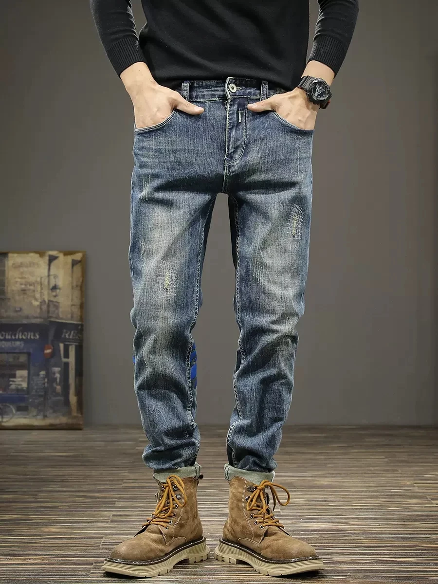Fashion Designer Men Jeans High Quality Retro Blue Elastic Slim Fit Ripped Jeans Men Vintage Trousers Printed Denim Pants Hombre
