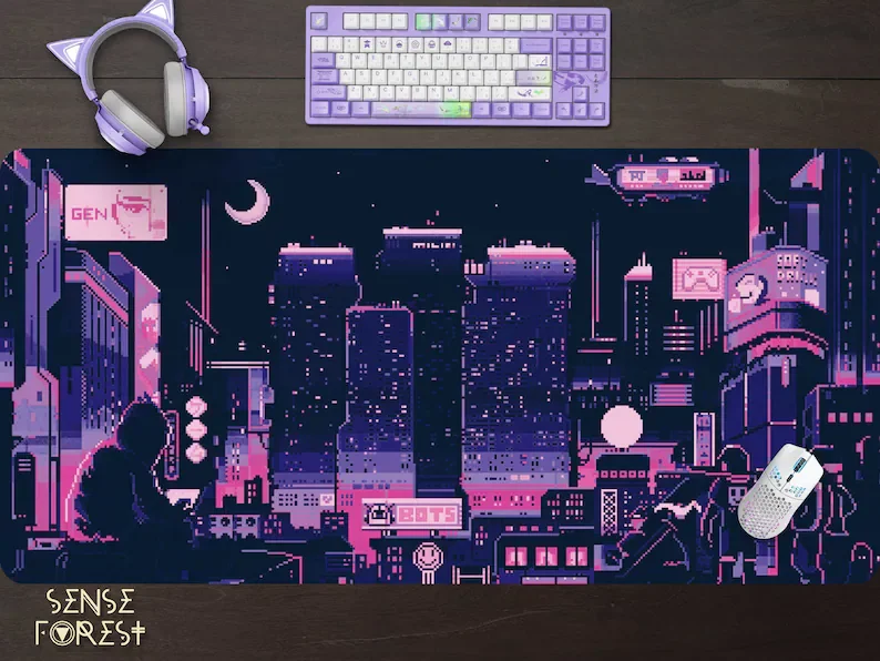 

Retro Vaporwave mousepad, neon tokyo street pixel art, Purple Japanese anime, Skyline/City desk mat,