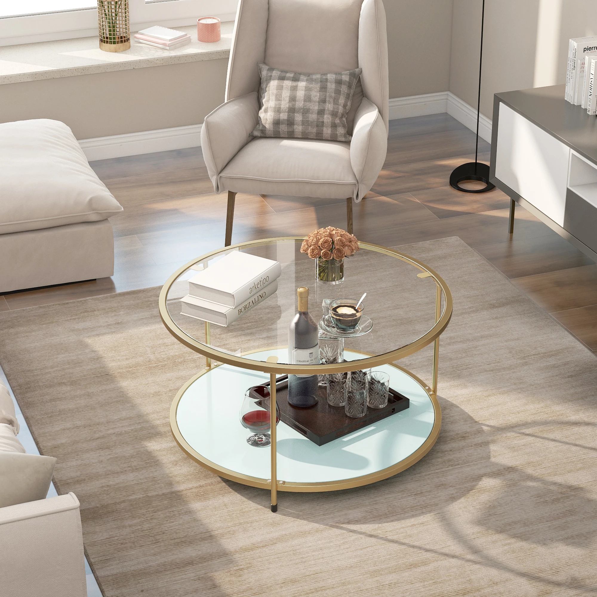 

85cm Round Glass Center Table with Golden Steel Frame Unbreakable Glass Modern Stylish Living Room Center Table Tea Coffee Table