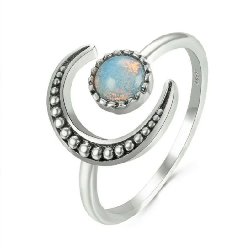 

Moonstone Open Adjustable Ring Vintage Silver Color Bridal Engagement Ring Zircon Stone Wedding Rings For Women