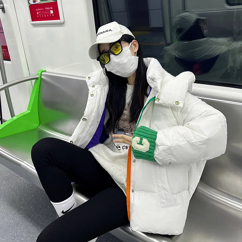 Knited Patchwork Padded Jacket Female Hooded Coat  Fashion Outerwear  Students Puff Jackets Gm*