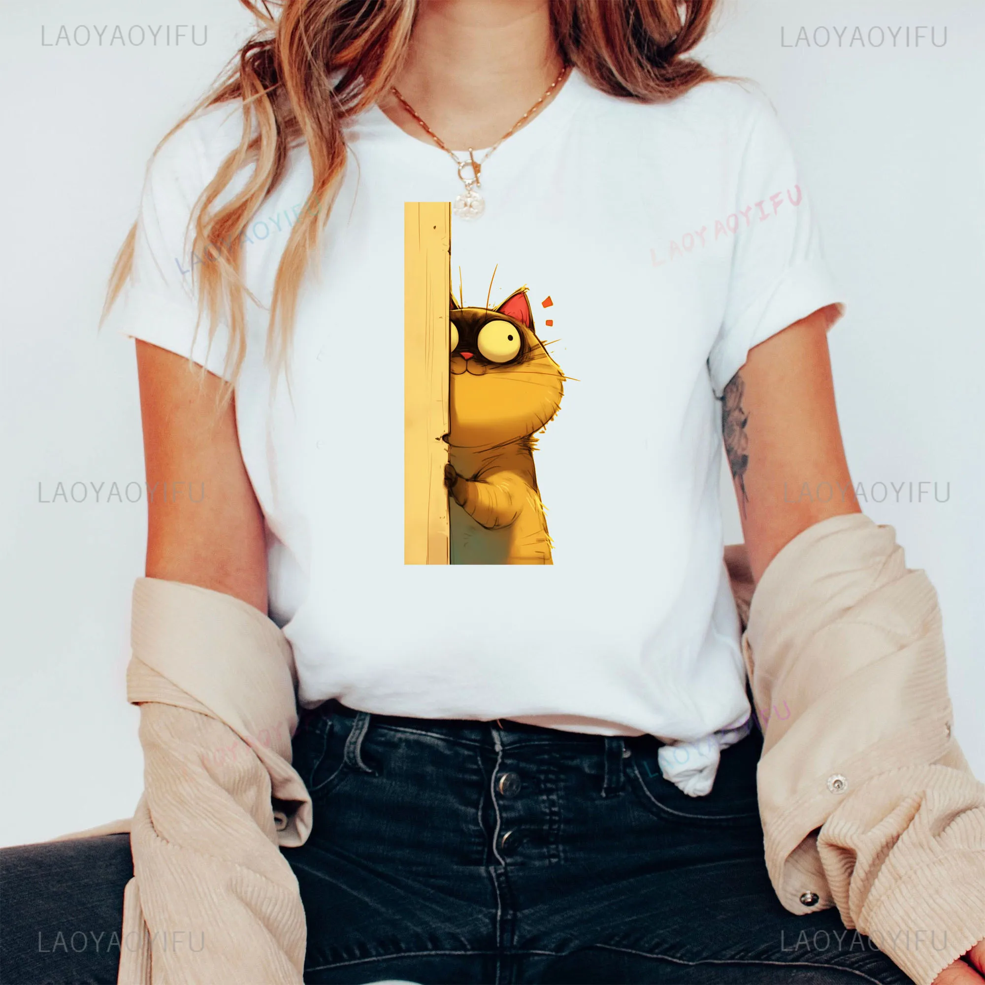 Фото Милые футболки с рисунком кошки, женская одежда, платье для подруг и сестер с коротким рукавом, хлопковые футболки в стиле Харадзюку, футболки №4