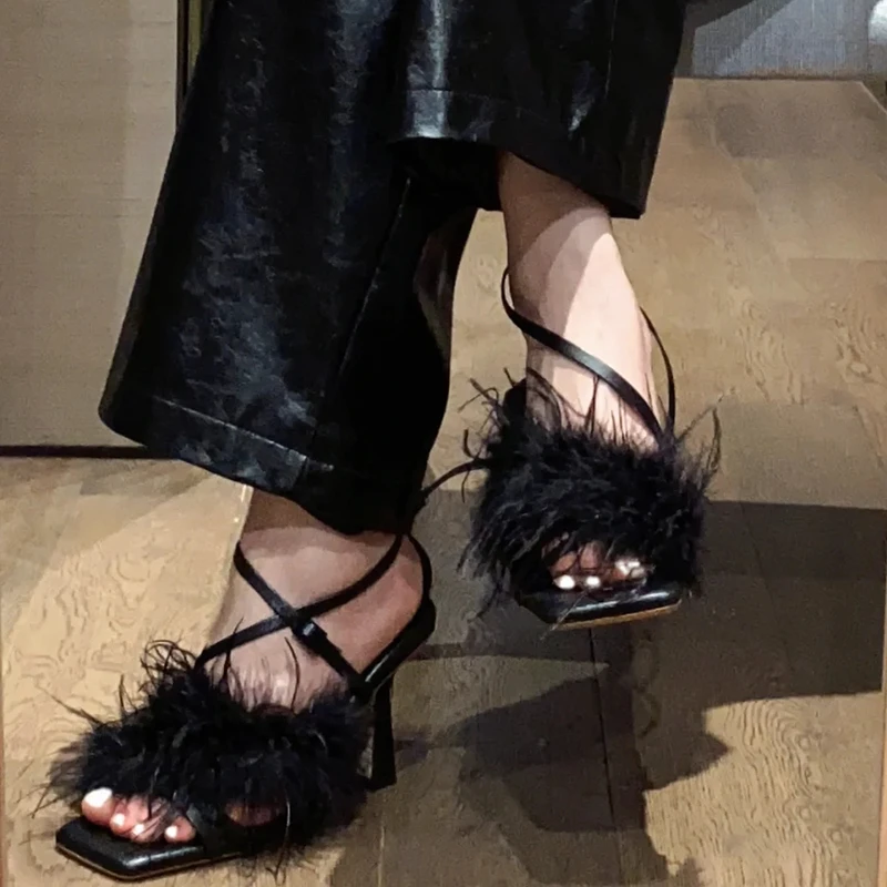 

2022 New Women Sandals Female Pu Leather Square Toe Block High Heels Shoes Ladies Feather One Word Buckle Sexy Footwear