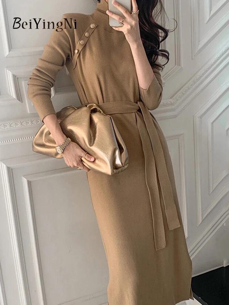 

Beiyingni French Korean Knitted Long Dress Women Elegant Buttons Autumn Winter Loose Sashes Sweaters Dresses Office Lady Casual