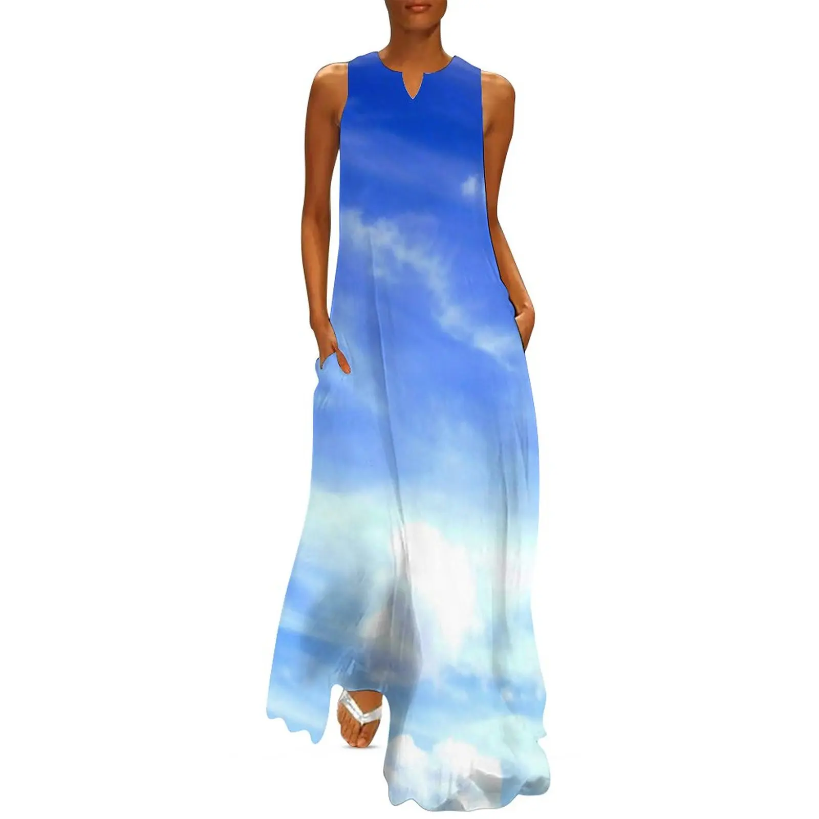 

White Cloud Dress Dramatic Blue Sky Elegant Maxi Dress V Neck Print Casual Long Dresses Streetwear Big Size Clothes