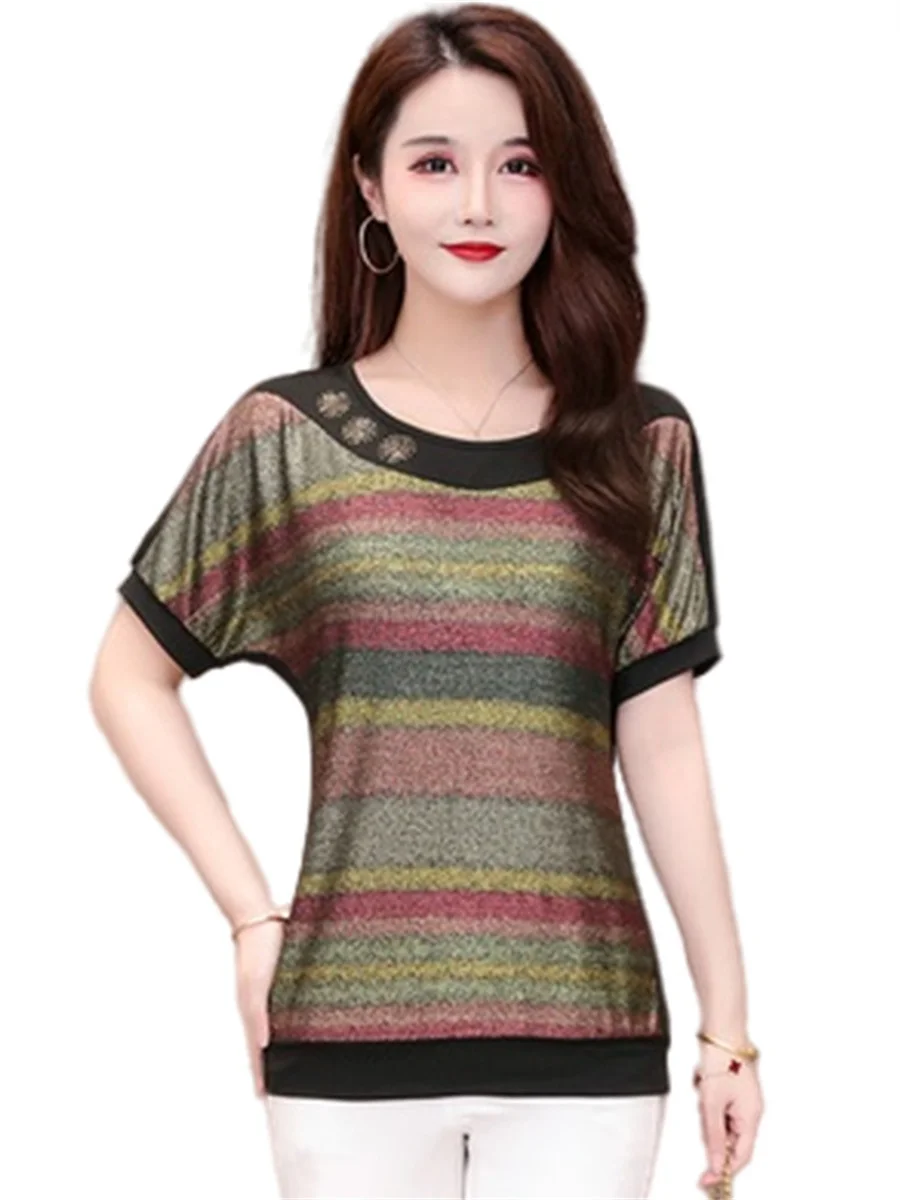 

5XL Women Spring Summer Blouses Shirts Lady Fashion Casual Short Sleeve O-Neck Collar Printing Striped Plaid Blusas Tops CT0465