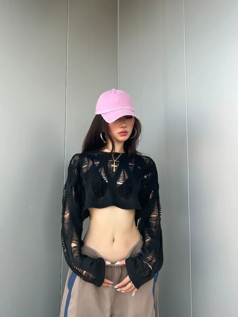 

2023 Women's Sexy Perspective Perforated Pullover Sweaters Hollow Out Cover Up Open Umbilical Loose Slim Long Sleeve Knitwear