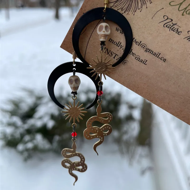 

Snake Earrings, Snake, Black Moon, Sun, Howlite Skull, Gothic, Magic Jewelry, Pagan, Alternative, Halloween Party Gift