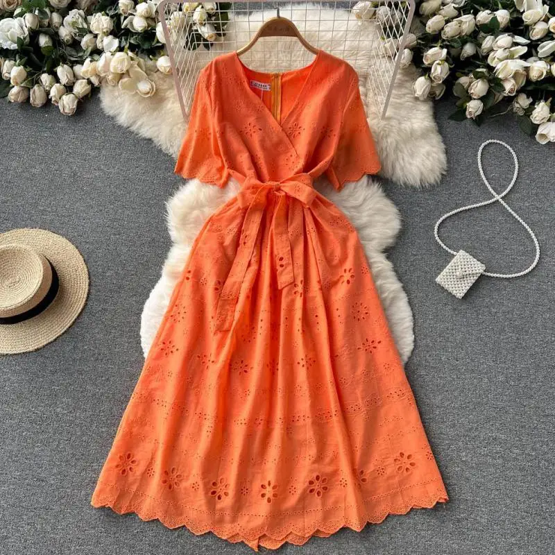 

WEIHAOBANG 2022 Summer Women's New Solid V-neck Short Sleeve Lace Up High Waist Casual Dress Slim Long A-line Skirt