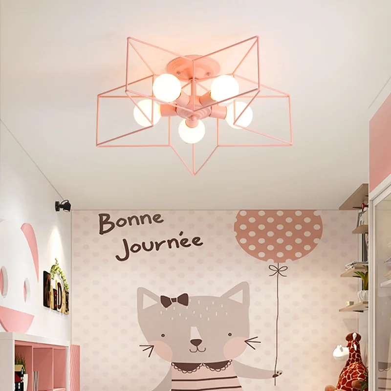 

Modern LED For The Children's Room Home Kids Girl Bedroom Pink Star Ceiling Lamp Indoor Nordic Decor Light Fixtures Chandelier