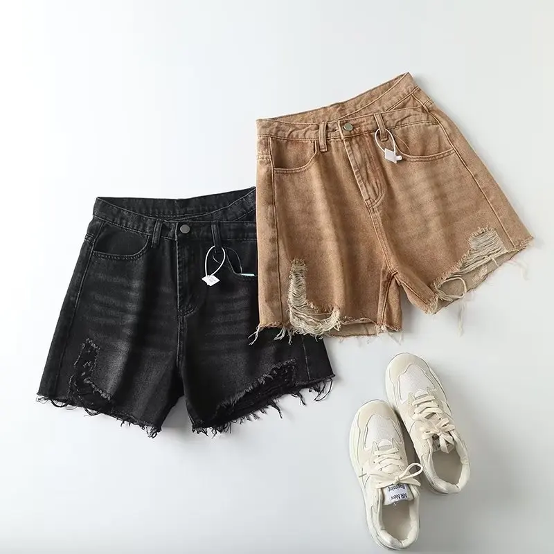 Dave&Di American Retro High Street Washed Hole Color Denim Solid  Shorts High Waist Casual Loose Bermuda Women Summer Mom Shorts