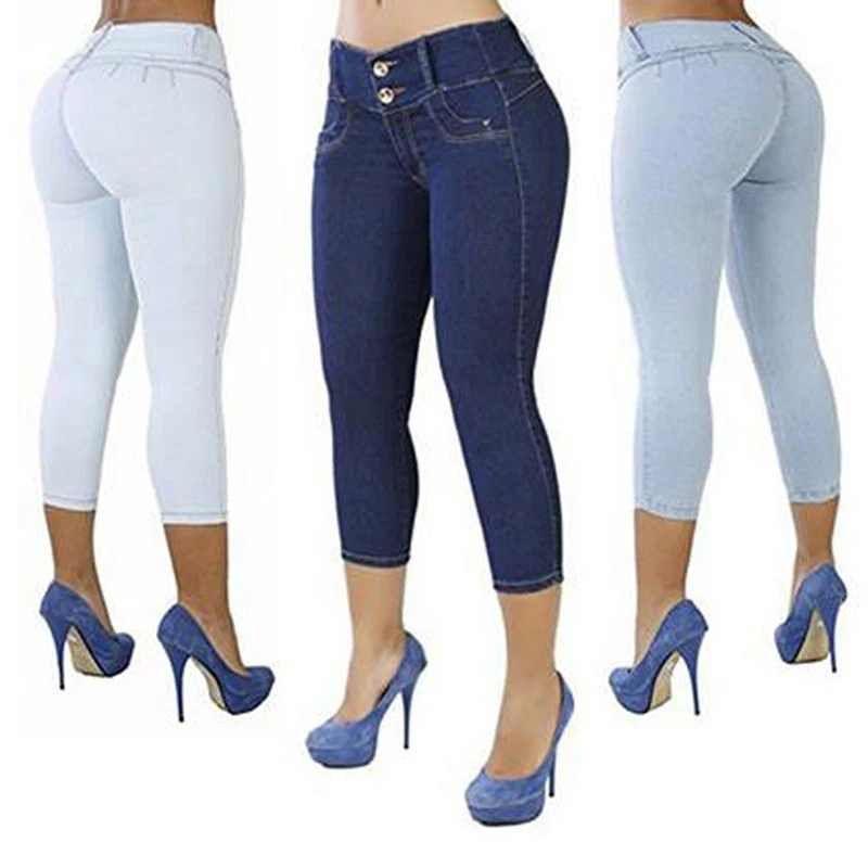 

2022 Women Sexy Casual Cropped Pants Solid Color Button Fly Waist Slim Trousers Breathable Elastic Pencil Pants