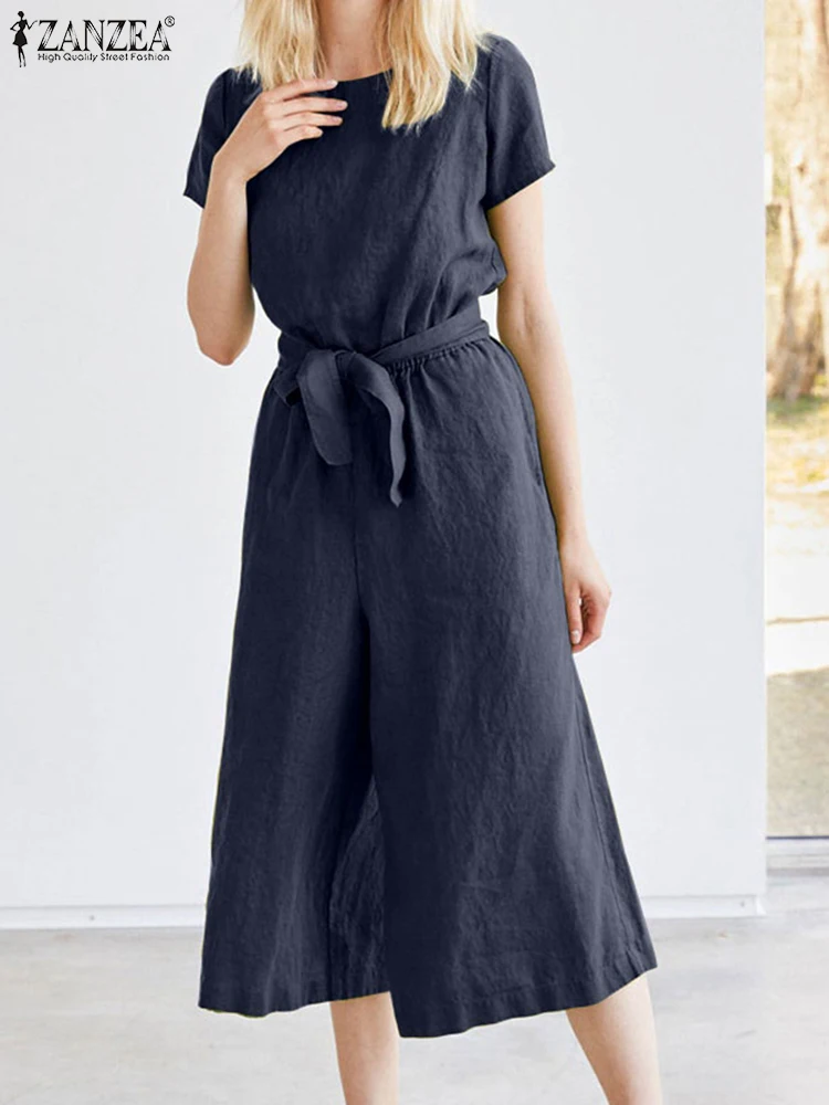 

ZANZEA Fashion Causal Oversized Work OL Elegant Pant Women Summer Jumpsuit Solid Color O-Neck Short Sleeve Cotton Tunic Rompers
