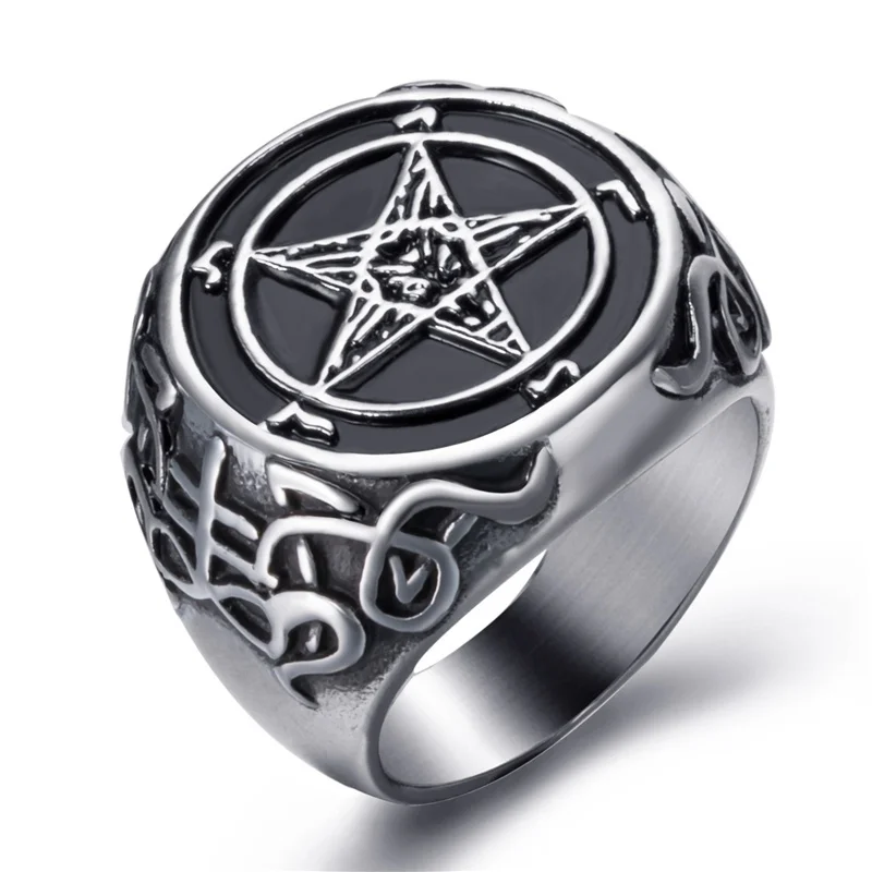 New Man Ring Pentagram Baphomet Goat Sulfur Leviathan Cross Satan Devil Symbol Ring Jewelry  Wholesale