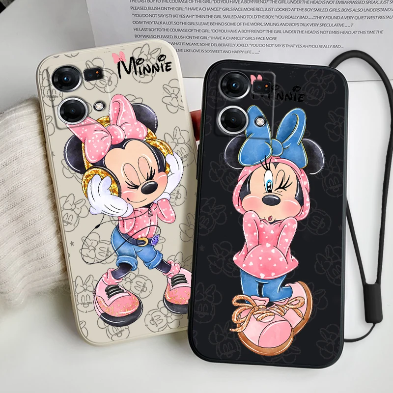 

Pink Minnie Cartoon Liquid Left Rope Soft Phone Case For OPPO Reno 9 8 7 6 5 4 3 2 Z Pro Lite Snapdragon 4G 5G Cover Coque Capa