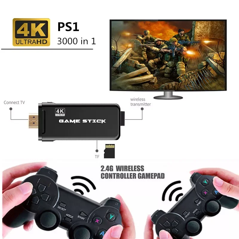 

4K HD TV video game Console stick built in 3000 Games PS1 Arcade Emulators Double wireless Controller U8 3D game console
