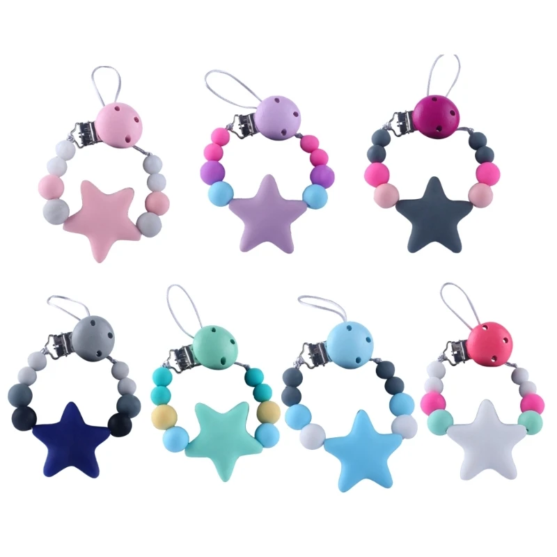 

HX5D Cute Star Pacifier Chain Silicone Beads with Metal Clips for Girl Babies Boys