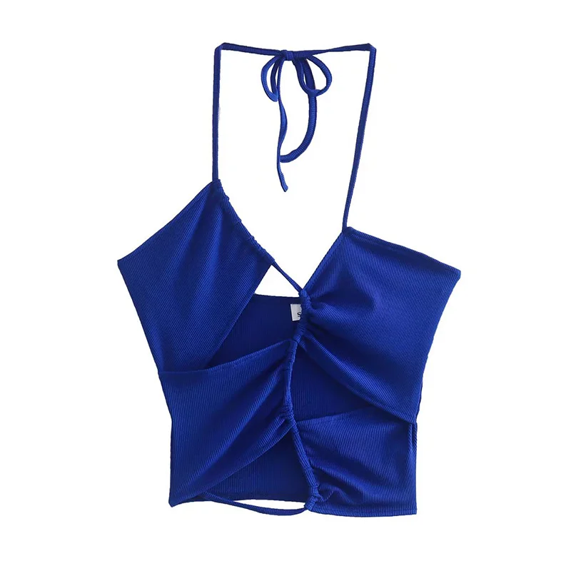 

2022 new summer hanging neck halter tops with hollow halter vests with creased asymmetric halter camis casual womens tops