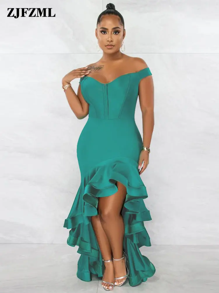 

Off The Shoulder Cascading Ruffles Party Dress Woman Sexy Deep V Neck Front Short Back Long Dresses Luxury Body-shaping Vestidos