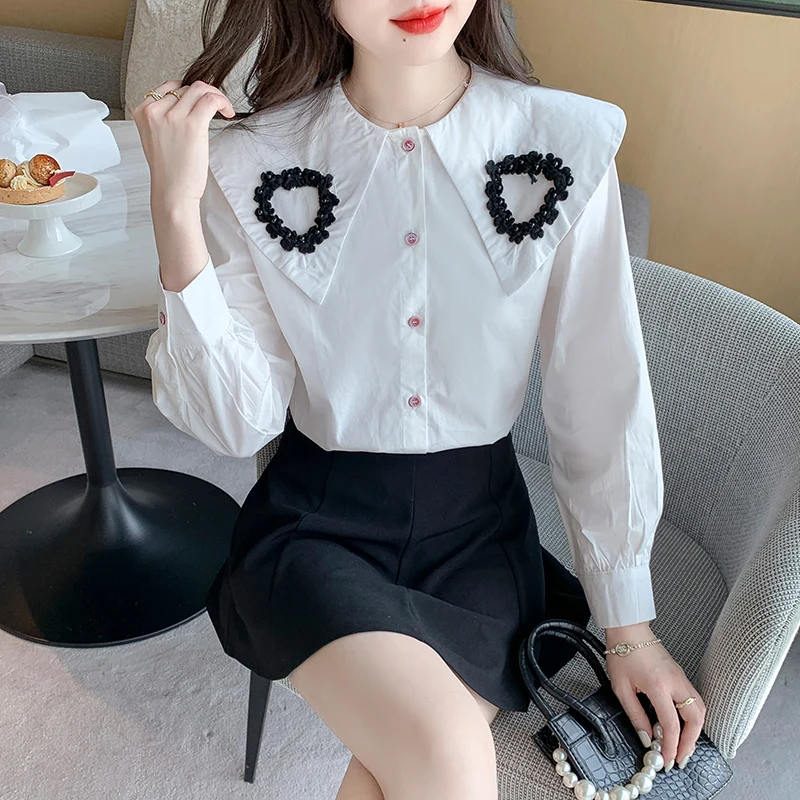 

COIGARSAM Shirt Womens Tops Spring 2022 Loose Puff Sleeve Peter Pan Collar Women Shirts Dropshipping