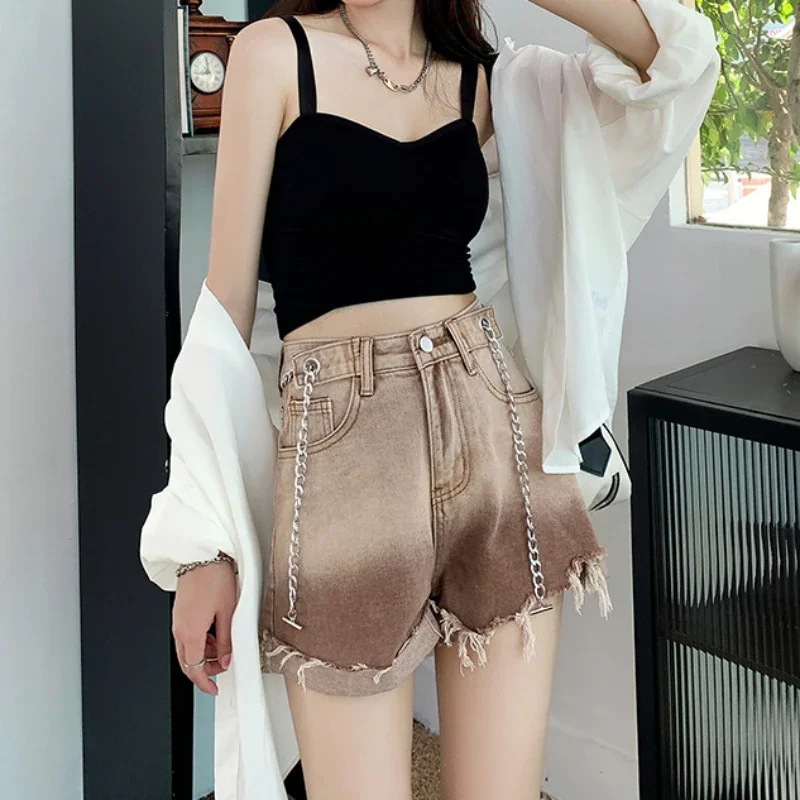 Шорты градиентного цвета женские джинсовые манжеты элегантные с высокой талией