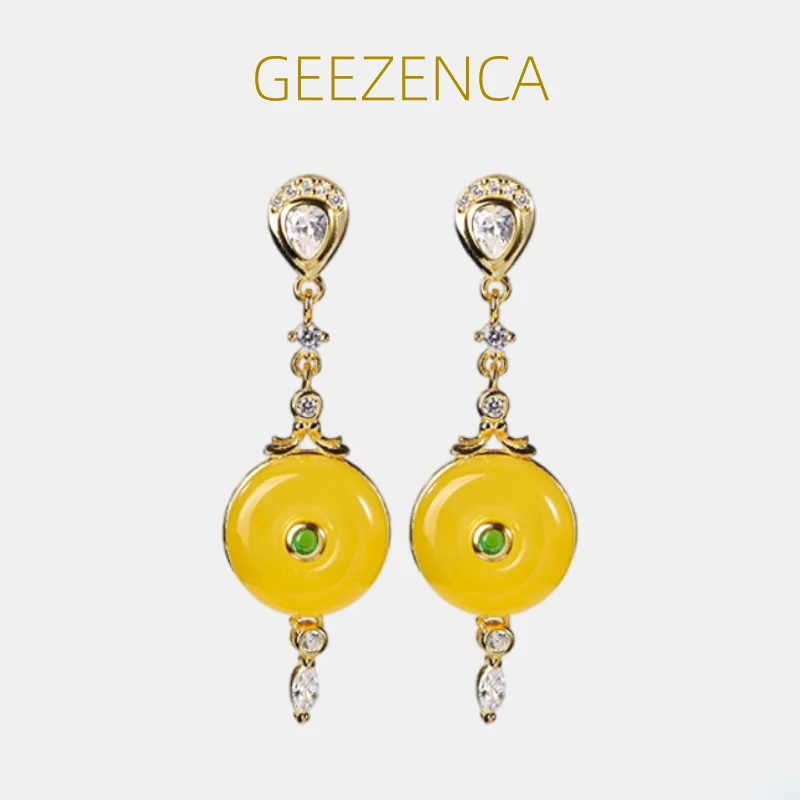 

GEEZENCA 925 Silver Gold Plated Amber Drop Earrings For Women Zircon Natural Gemstone Chic Luxury Dangle Earring 2023 New Gift