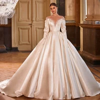 elegant wedding dresses puffy long illusion sleeve satin crystal beaded 2022 new design formal bridal gown vestidos de novia