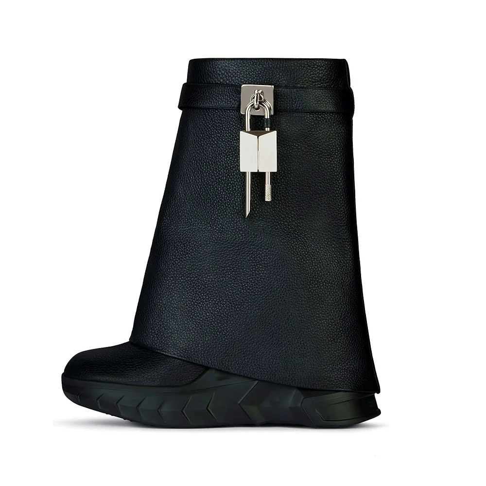 

Брендовые женские сапоги до колена из лакированной кожи с замком акула на толстой подошве, женская обувь с круглым носком на молнии, мотоциклетные сапоги