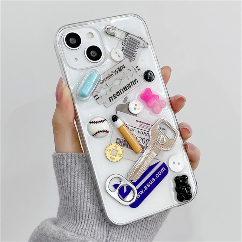 

INS Creative Fashion 3D Key Epoxy Phone Case For iPhone 14 13 12 11 Pro XS Max X XR Stylish Clear Soft Cover Transparent Coque